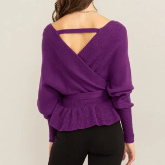 Long Sleeve Tiered Hen Wrap Front Knit Sweater with Crisscross Back Detail Top - Picture 2 of 2